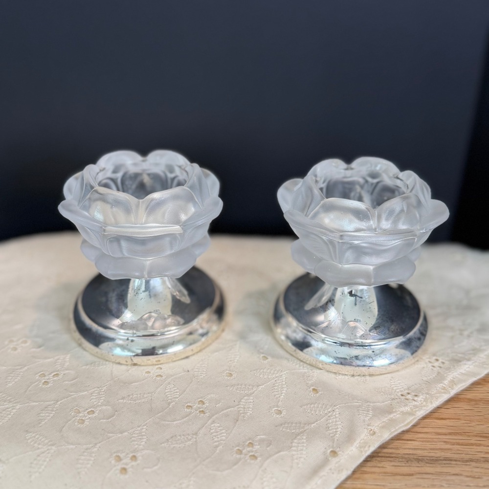 William Adams Frosted Rose Crystal Candle Holders Silverplate Base Vintage Set 2